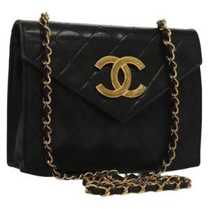 CHANEL Matelasse COCO Mark Chain Shoulder Bag Lamb Skin Black CC Auth 133274